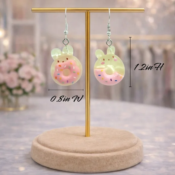 Handmade Sugar Bunny Donut Earrings | Y2K Novelty Cute Statement Jewelry - Picture 4 of 5